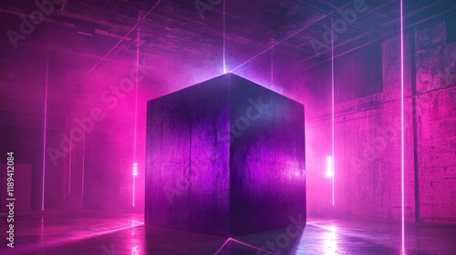 Dark, futuristic, large, cube-shaped, concrete structure illuminated by vibrant, neon, pink, and purple laser beams, in a warehouse-like, smoky, empty space.