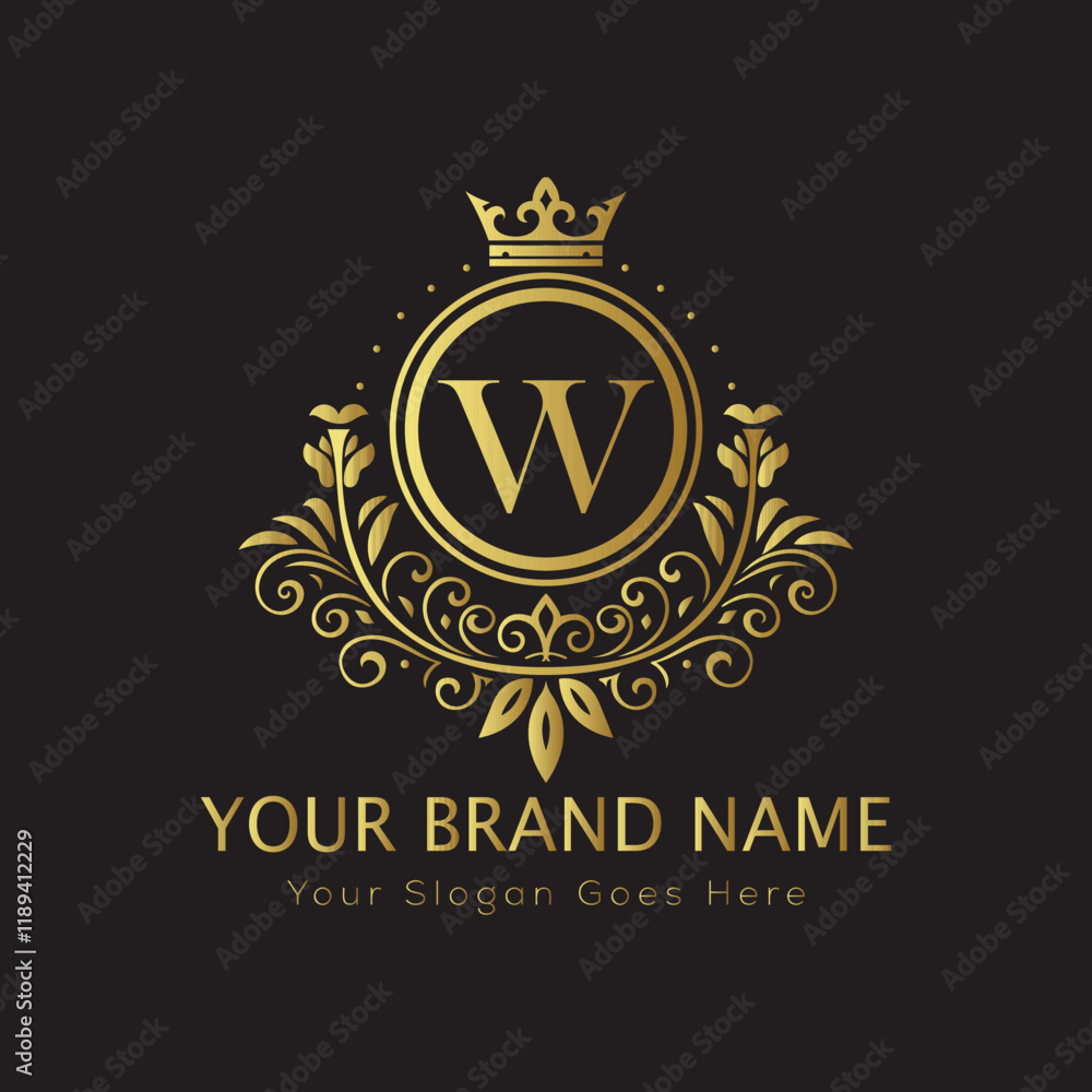 Fototapeta premium Letter Luxury brand logo design with a royal gold crown emblem and elegant typography