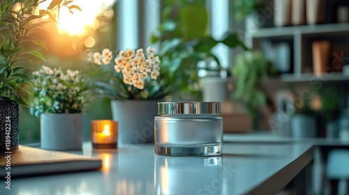 Sunlit skincare products arranged elegantly on a wooden table near blooming f...