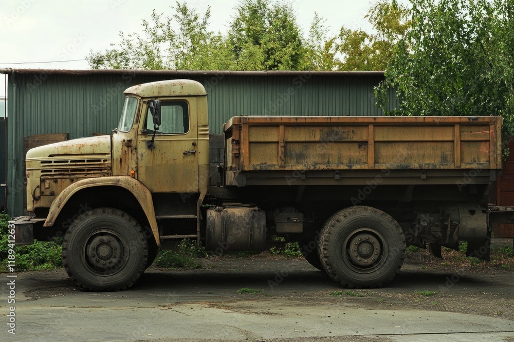 Fototapeta premium An old truck parked in front of a vintage building