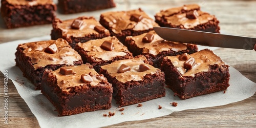 Freshly baked brownies with toffee chunks cut into pieces on parchment paper. Delicious gooey brownies ready to sliced. Homemade treat on kitchen counter. Sweet dessert for snack. Indulgent chocolate