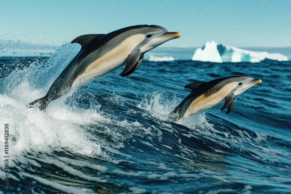Fototapeta premium Two dolphins leaping from the ocean, capturing a moment of playfulness and freedom