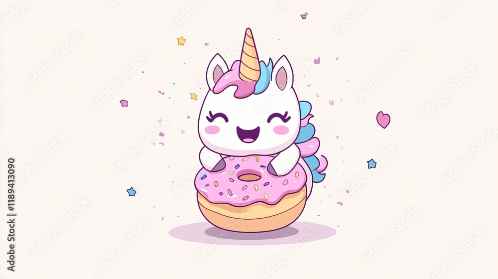 Adorable unicorn with donut in kawaii style wide angle view Adorable unicorn with donut in kawaii style wide angle view