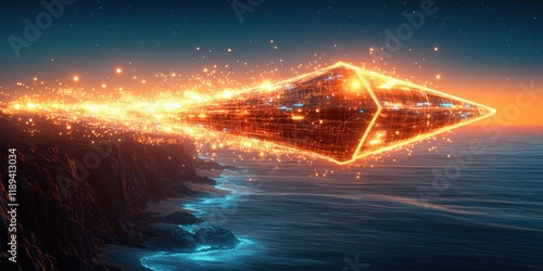 Futuristic Glowing Geometric UFO Hovering Over Coastal Cliffs at Night with Illuminated Ocean Waves and Mystical Starry Sky - Sci-Fi Aesthetic Scene