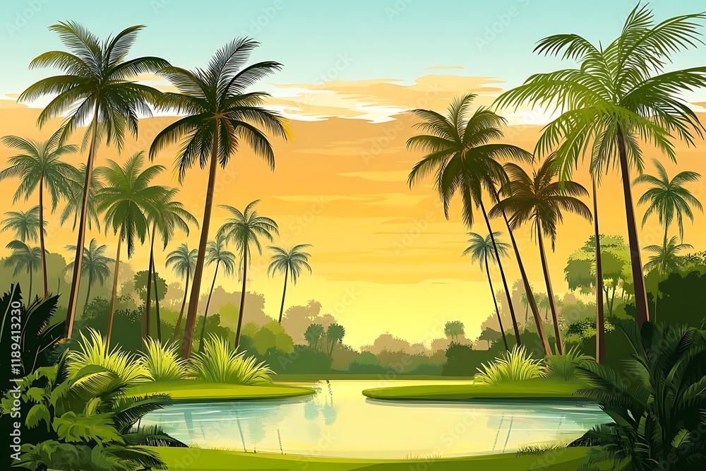 Fototapeta premium Tropical landscape with tall palm trees against the backdrop of sunset or sunrise. A pond with lush greenery, many palm trees of different sizes and blue sky trees. 