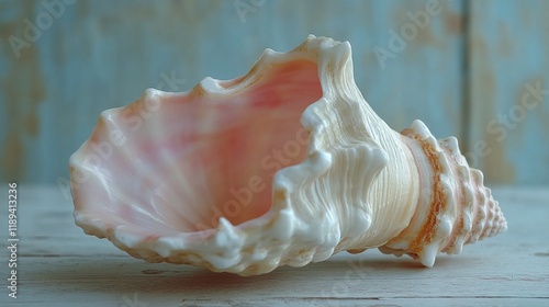 Beautiful seashell resting on weathered wooden surface highlighting nature's ...
