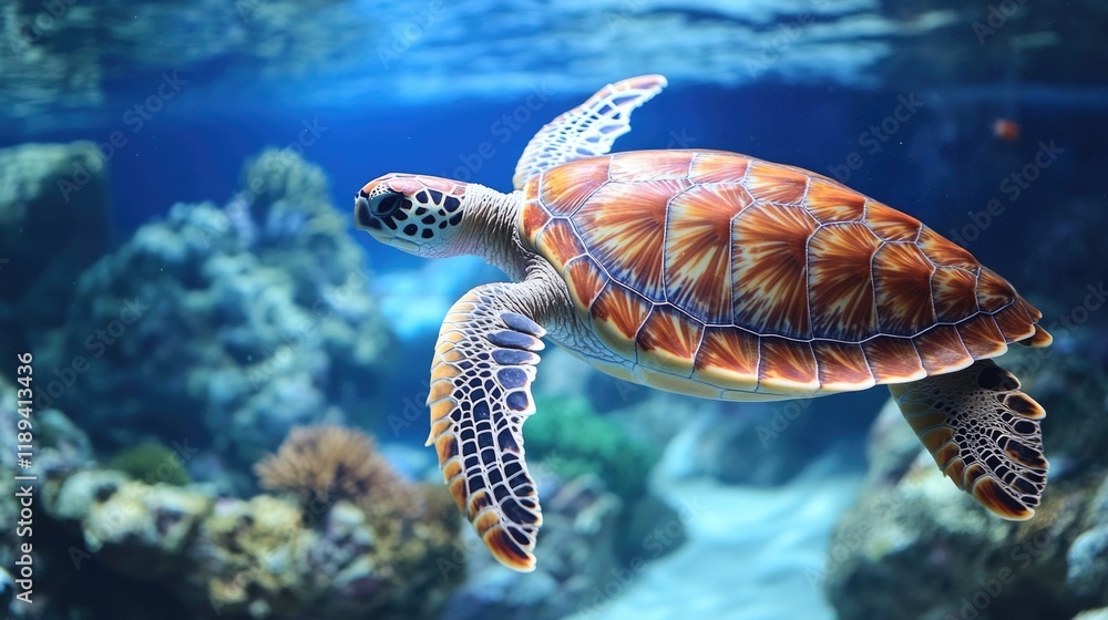 Fototapeta premium A turtle swims in an aquarium surrounded by colorful corals