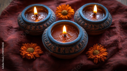 Warm glow of an oil lamp on vibrant red fabric during a festive celebration e...