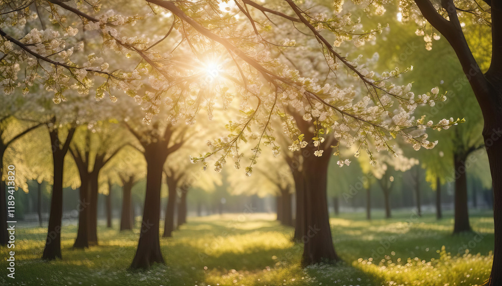 Sunlit Path Through Blossoming Trees in Springtime Sunlit Path Through Blossoming Trees in Springtime