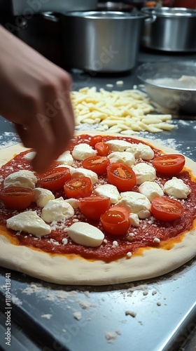 Freshly made pizza topped with tomatoes and herbs in an intimate kitchen setting