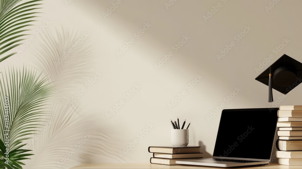 Fototapeta premium A minimalist study space featuring a laptop, books, and a graduation cap.
