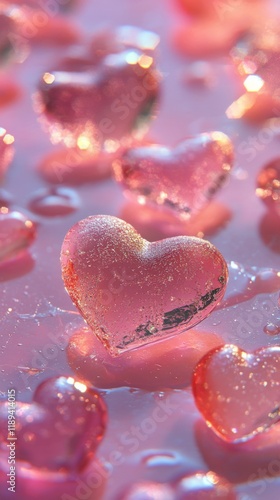 Heart-shaped ice cubes glisten in soft pink light on a smooth surface during ...