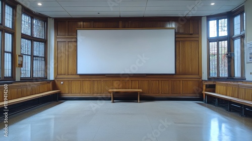 Empty classroom with large screen and wooden benches during daylight hours
