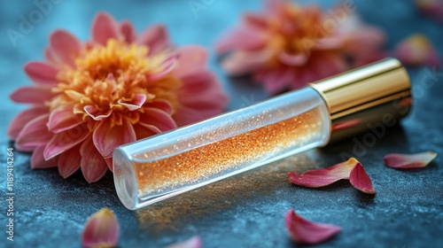 Elegant perfume bottle surrounded by delicate pink flowers on a marble surface