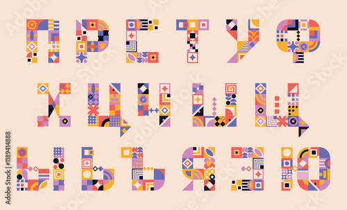 Modern cyrillic bauhaus font, geometric swiss type. Vector alphabet, cyrillic font typography, colorful letters. Brutalism uppercase creative vibrant font