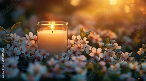 Candlelight surrounded by blooming flowers during a tranquil evening