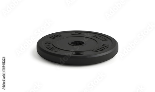 Single black weight plate, 25kg, isolated.