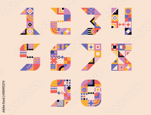 bauhau_nuModern bauhaus font, geometric swiss type. Vector font numbers, 123 colorful number. Brutalism creative vibrant font