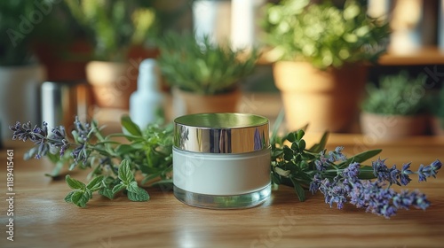 Cream in glass jar surrounded by fresh herbs placed on wooden table in a cozy...