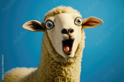 A close-up of a fake sheep with a surprised look on its face