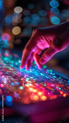 Colorful display of light effects as a hand interacts with glowing particles ...