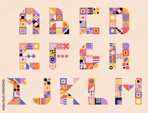 Modern bauhaus font, geometric swiss type. Vector alphabet, english typography abc colorful letters. Brutalism uppercase creative vibrant font