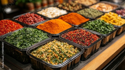 Colorful arrangement of spices and ingredients in glass jars on wooden surface