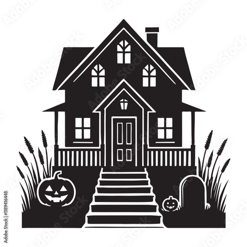 Spooky Halloween House Silhouette with Pumpkins photo