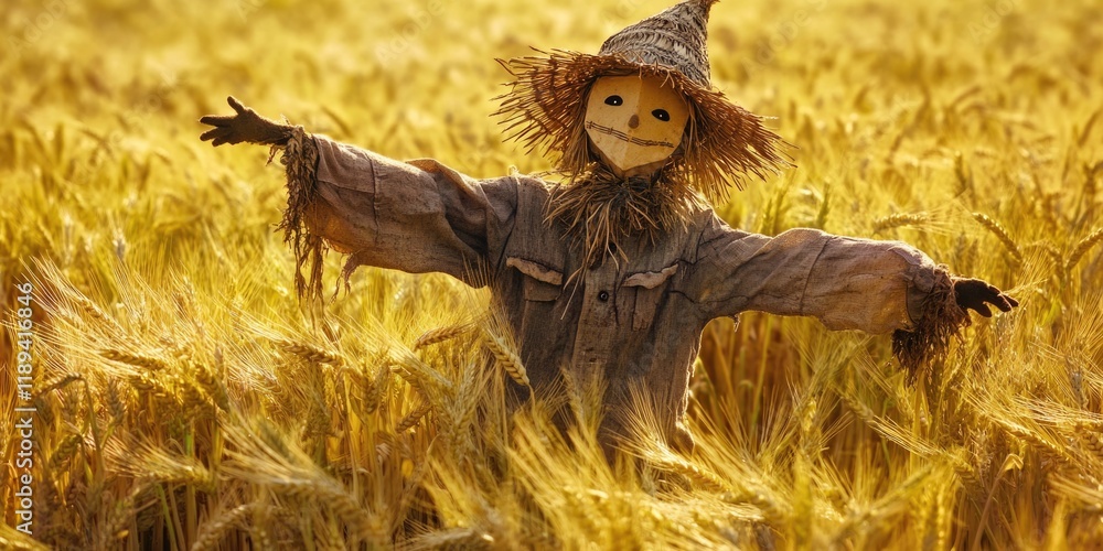 A scarecrow standing in a field of golden wheat, ready to protect the crop from birds A scarecrow standing in a field of golden wheat, ready to protect the crop from birds