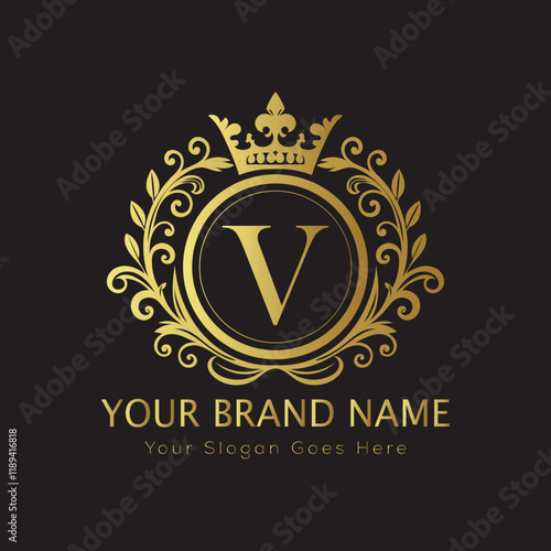 Letter Luxury brand logo design with a royal gold crown emblem and elegant typography
