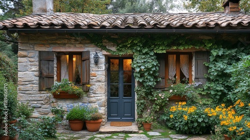 Charming rustic stone house surrounded by lush greenery at twilight in a sere...