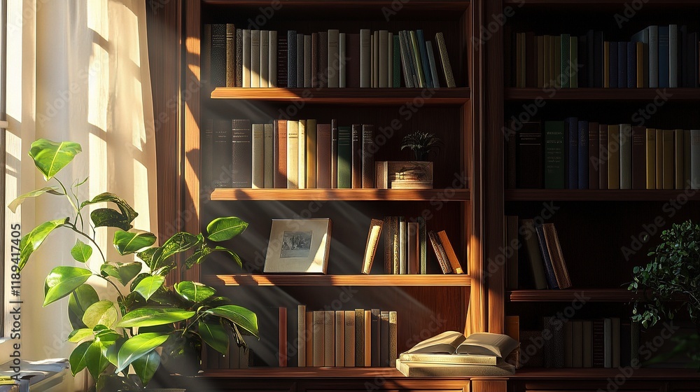 Serene Library Corner with Soft Sunlight Streaming Through Window Serene Library Corner with Soft Sunlight Streaming Through Window