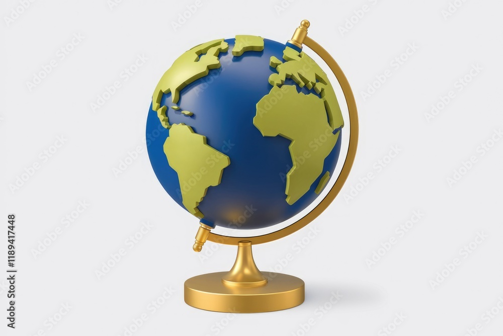 A stylized 3D model of a globe, showcasing continents in yellow-green and blue on a golden stand. A stylized 3D model of a globe, showcasing continents in yellow-green and blue on a golden stand.