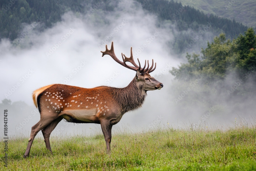 Naklejka premium A deer stands in a grassy field with thick fog rolling in from the back
