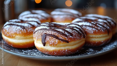 Freshly baked chocolate drizzled donuts on a plate at a cozy cafe
