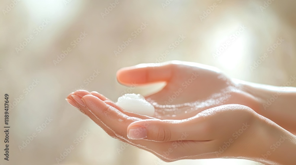 close-up of hands gently rubbing soothing lotion with soft lighting and blurred background providing ample copy space