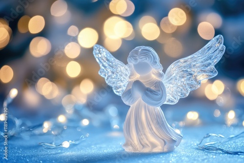 Delicate Angel Holiday Ornament Against a Blue Canvas Illuminated with Twinkling Lights photo