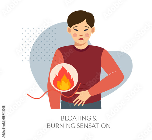 Person with Bloating and Burning Sensation in Stomach - Stock Illustration