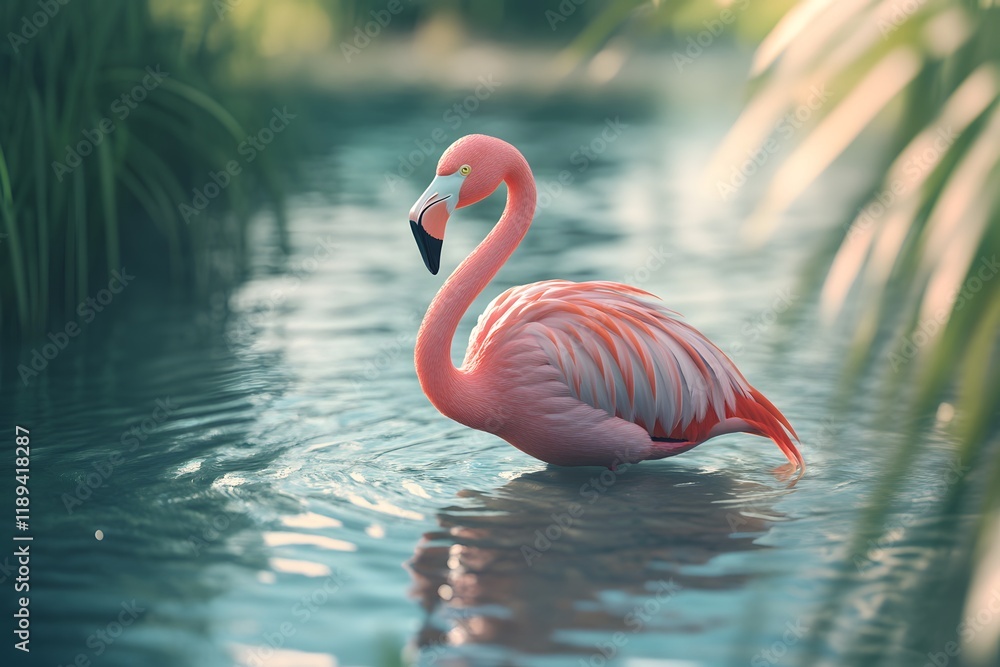 Fototapeta premium Flamingo Wading Through a Shallow Lagoon