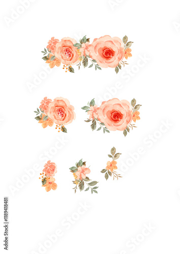 piante e fiori di varie dimensioni, colore rosa pesca, arancione, verde, giallo, utilizzabile per personalizzare inviti del matrimonio, riviste, album e lavori vari 