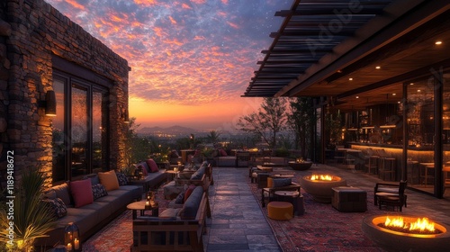 Luxury outdoor lounge with firepit overlooking city landscape at night