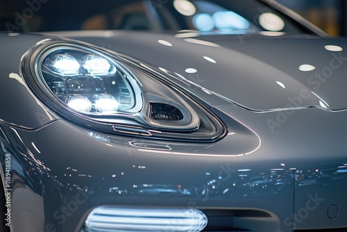 Close-up shot of a vehicle's front end, ideal for automotive or transportation-related concepts photo