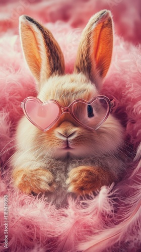 Cute rabbit wearing heart-shaped sunglasses relaxes on pink fluffy background...