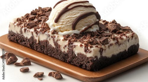 Decadent chocolate dessert with ice cream served on a wooden board