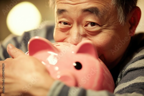 A person holding a bright pink piggy bank, great for financial concepts or savings themes photo