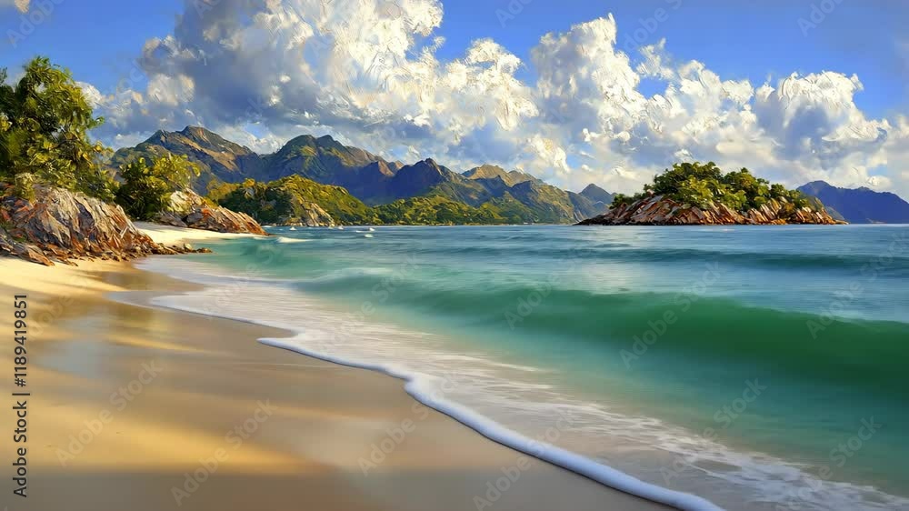 Coastal landscape featuring serene beach, turquoise waves, and distant mountains under a bright sky with fluffy clouds Coastal landscape featuring serene beach, turquoise waves, and distant mountains under a bright sky with fluffy clouds