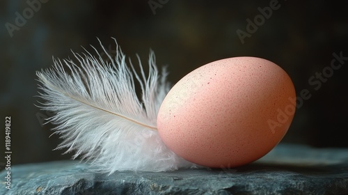 Delicate pink egg resting on stone with soft white feather beside it