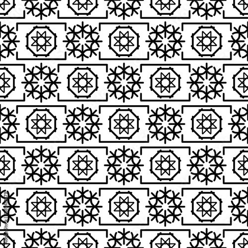 Seamless modern pattern with black, and white figures on white background in mediterranean style. Vector illustration for fabric, textile, pillow print, fashion design.