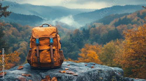 Exploring nature with a vintage backpack near a tranquil lake at sunset