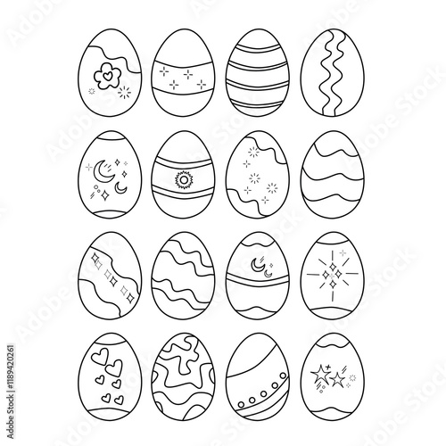 A detailed set of black-and-white Easter eggs with intricate patterns and outlines. The designs include stripes, dots, swirls, stars, and hearts, combining simplicity and elegance.